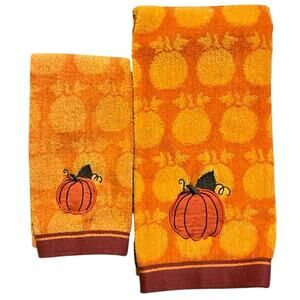 Set Harvest Fall Pumpkin Kitchen Bath Dish Hand Towel Orange Overall Pumpkin